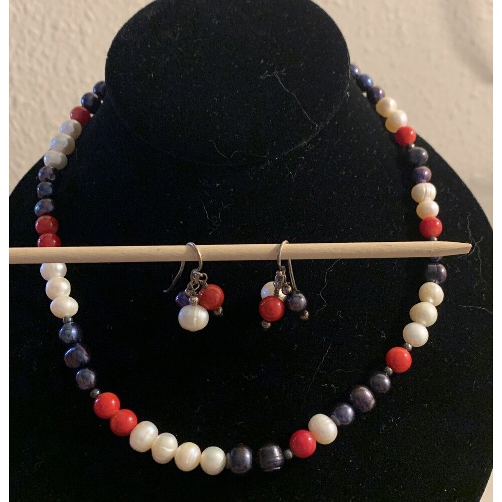 Pearl & Coral Necklace & Earrings Set 925 Sterling Silver Red White Blue July 4
